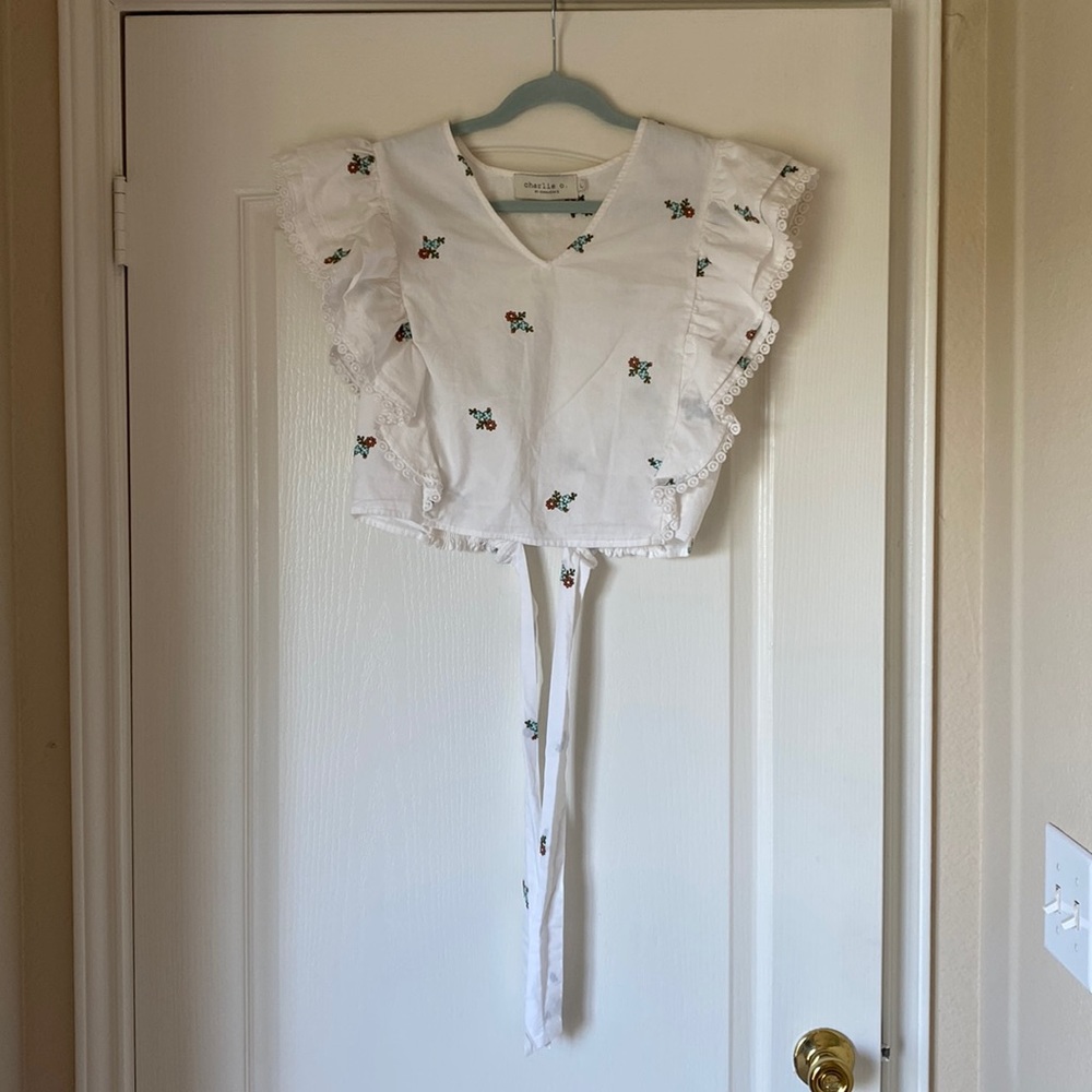 White embroidered crop tie top